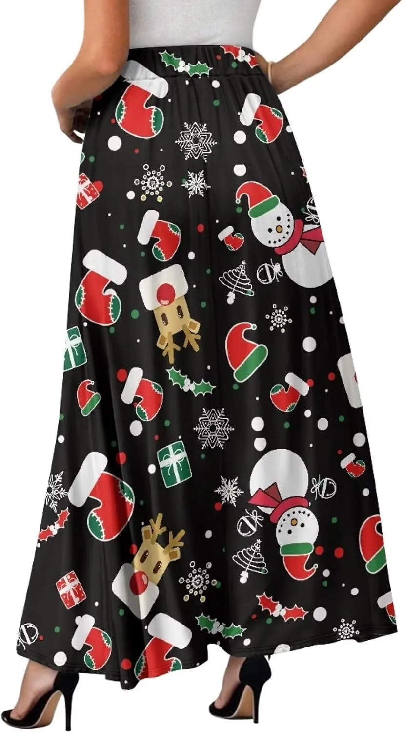 Women Long Maxi Skirt Casual High Waiste Dress Home Travelling Party Skirt with Double Pockets
