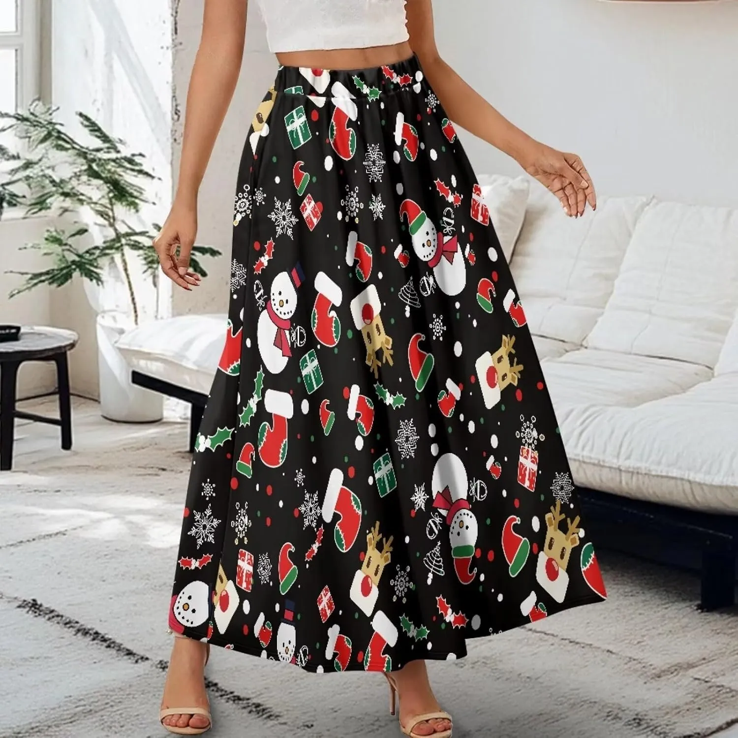Women Long Maxi Skirt Casual High Waiste Dress Home Travelling Party Skirt with Double Pockets
