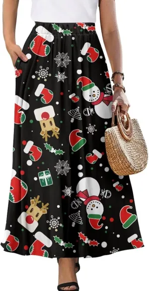 Women Long Maxi Skirt Casual High Waiste Dress Home Travelling Party Skirt with Double Pockets