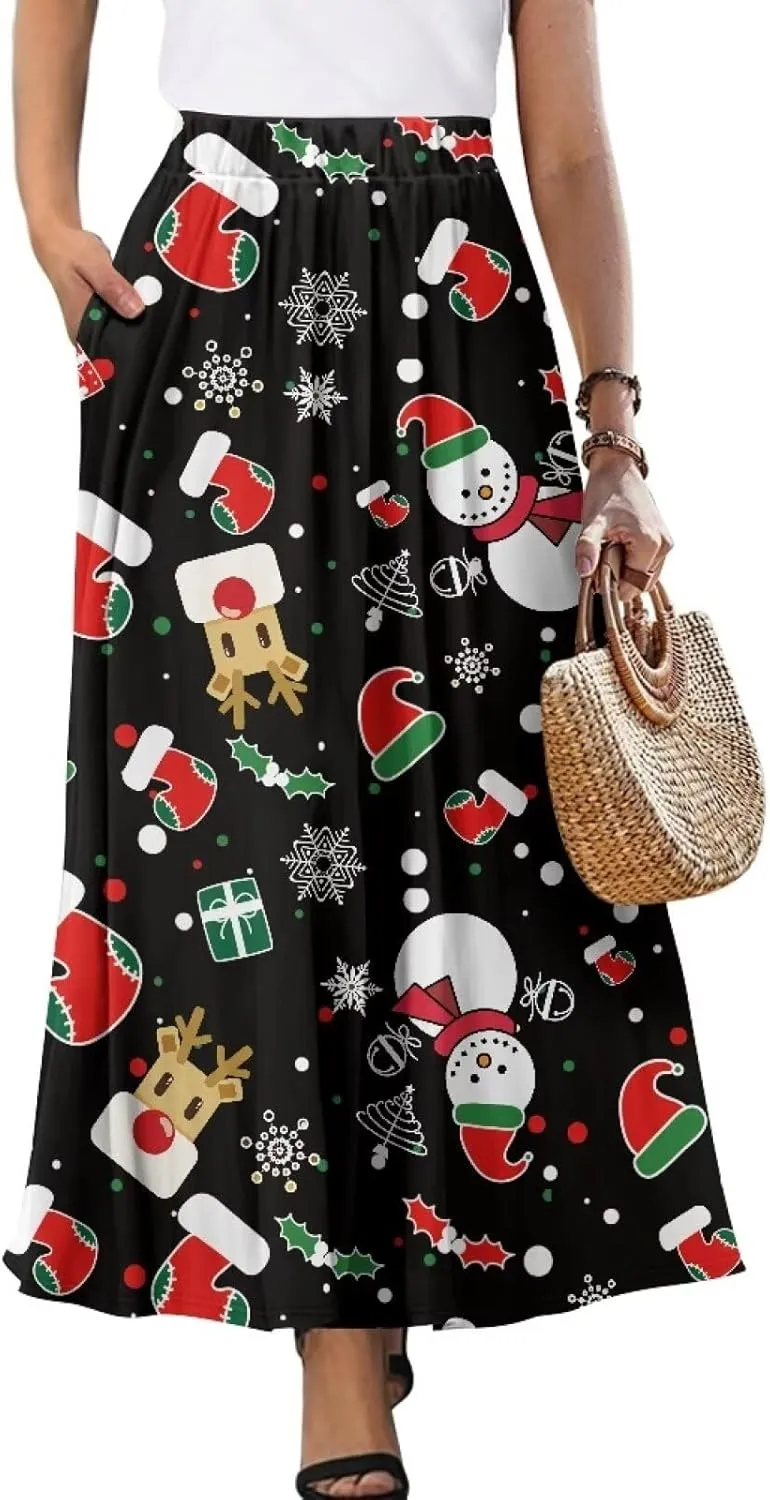 Women Long Maxi Skirt Casual High Waiste Dress Home Travelling Party Skirt with Double Pockets