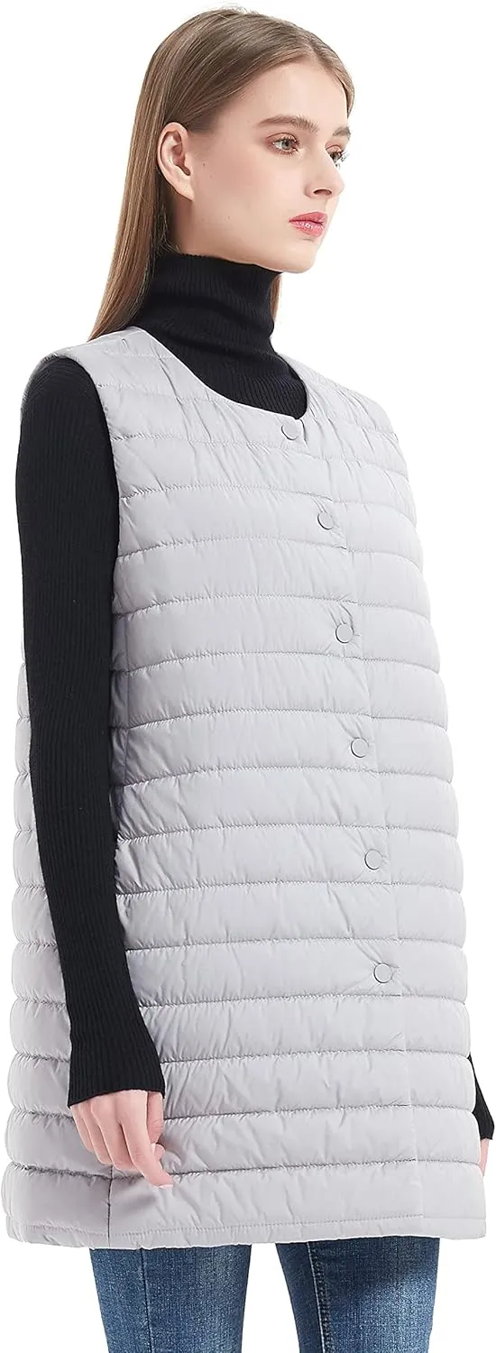 Women Long Puffer Vest Down Quilted Lightweight Button Opening Sleeveless Jacket with Pockets