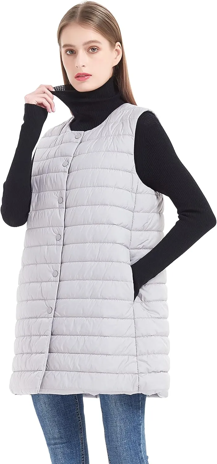 Women Long Puffer Vest Down Quilted Lightweight Button Opening Sleeveless Jacket with Pockets