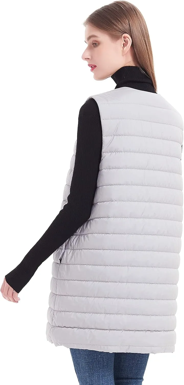 Women Long Puffer Vest Down Quilted Lightweight Button Opening Sleeveless Jacket with Pockets
