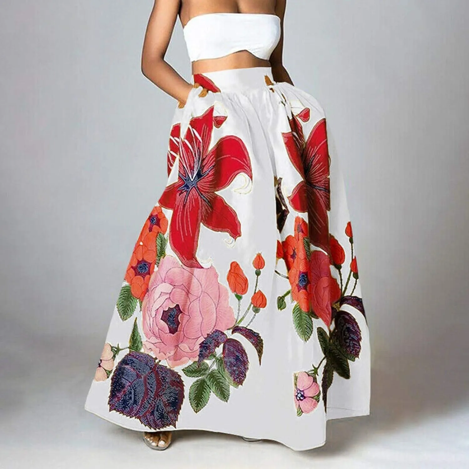 Women Maxi Skirt Floral Print High Waist Pocket Party Beach Long Skirt Sexy Party Dresses for Women Clubbing Plus Size