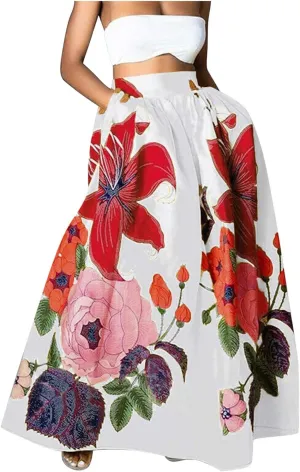 Women Maxi Skirt Floral Print High Waist Pocket Party Beach Long Skirt Sexy Party Dresses for Women Clubbing Plus Size