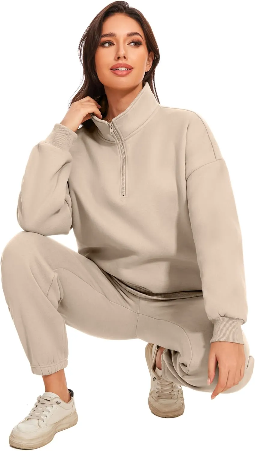 Women Oversized Long Sleeve Sweatsuit Half Zip Sweatshirt & Pants 2 Piece Outfits Sweatsuit With Pockets