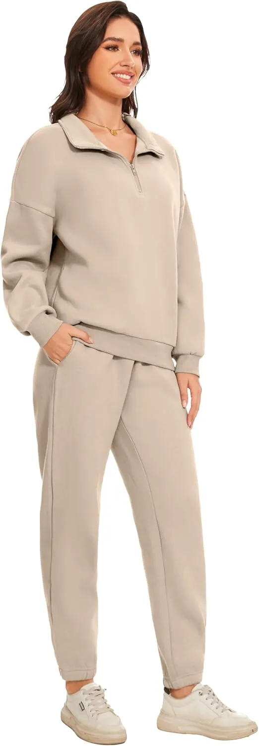 Women Oversized Long Sleeve Sweatsuit Half Zip Sweatshirt & Pants 2 Piece Outfits Sweatsuit With Pockets