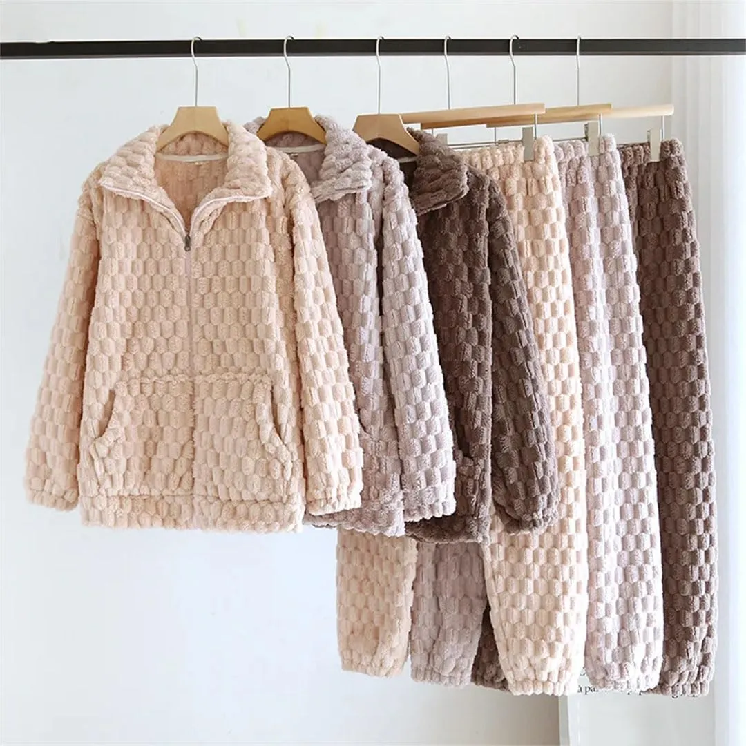 Women Pajamas Set Fall Winter Thick Velour Couple Sleepwear Set Fleece Warm Loungewear