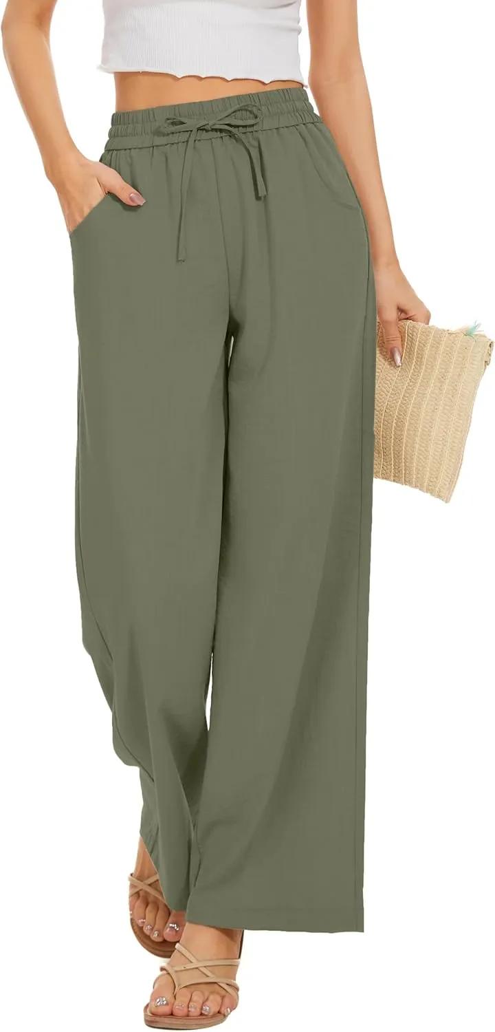 Women Pants Flowy Pants Drawstring Waist Wide Leg Palazzo Beach Pants Loose Fit with Pockets