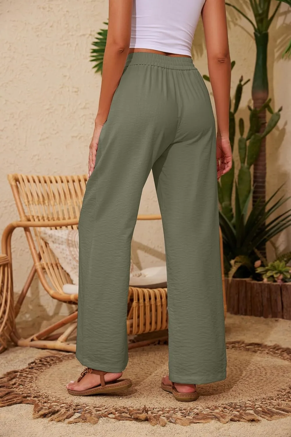 Women Pants Flowy Pants Drawstring Waist Wide Leg Palazzo Beach Pants Loose Fit with Pockets