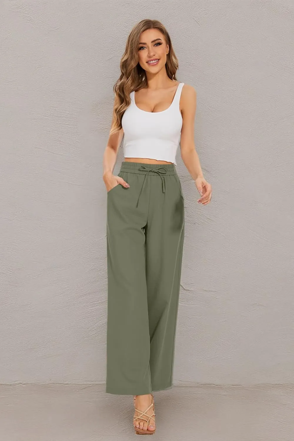 Women Pants Flowy Pants Drawstring Waist Wide Leg Palazzo Beach Pants Loose Fit with Pockets
