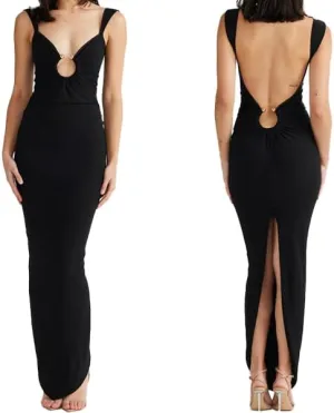 Women Sexy Backless Dress V Neck Sleeveless Bodycon Backless High Slit Maxi Long Party Cocktail Wedding Dress