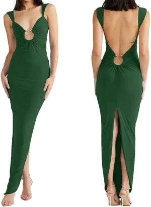 Women Sexy Backless Dress V Neck Sleeveless Bodycon Backless High Slit Maxi Long Party Cocktail Wedding Dress