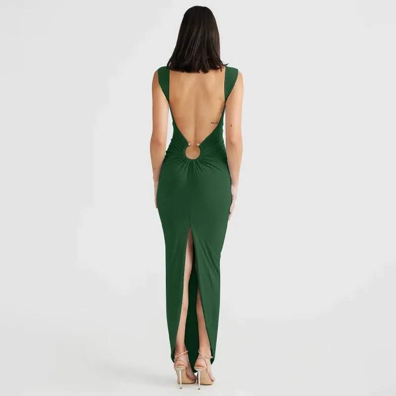 Women Sexy Backless Dress V Neck Sleeveless Bodycon Backless High Slit Maxi Long Party Cocktail Wedding Dress