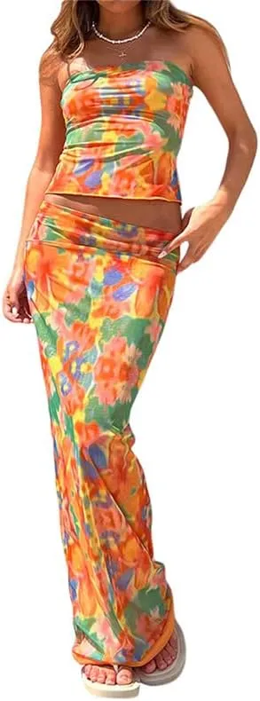 Women Sexy Two Piece Long Skirt Set Y2k Strapless Crop Tube Top Bodycon Maxi Skirt Suit Going Out Outfits Beach Wear