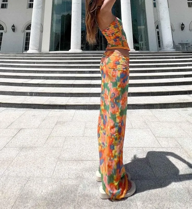 Women Sexy Two Piece Long Skirt Set Y2k Strapless Crop Tube Top Bodycon Maxi Skirt Suit Going Out Outfits Beach Wear