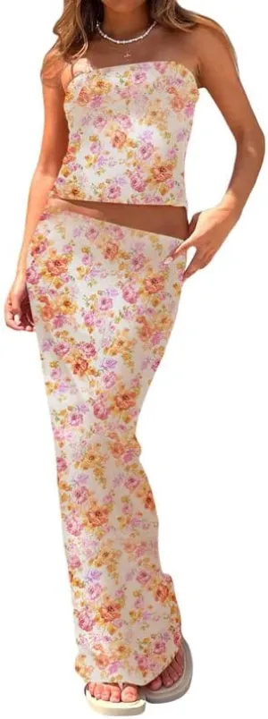 Women Sexy Two Piece Long Skirt Set Y2k Strapless Crop Tube Top Bodycon Maxi Skirt Suit Going Out Outfits Beach Wear