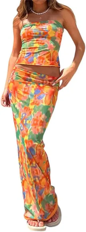 Women Sexy Two Piece Long Skirt Set Y2k Strapless Crop Tube Top Bodycon Maxi Skirt Suit Going Out Outfits Beach Wear