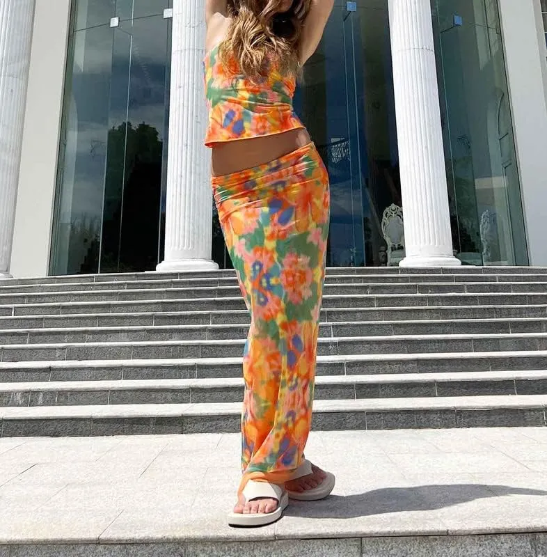 Women Sexy Two Piece Long Skirt Set Y2k Strapless Crop Tube Top Bodycon Maxi Skirt Suit Going Out Outfits Beach Wear