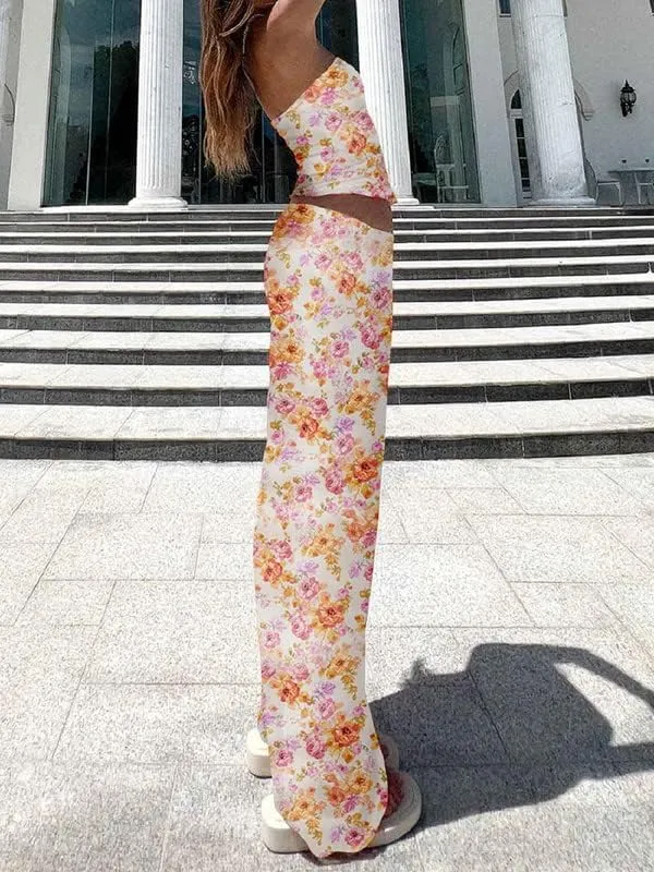 Women Sexy Two Piece Long Skirt Set Y2k Strapless Crop Tube Top Bodycon Maxi Skirt Suit Going Out Outfits Beach Wear