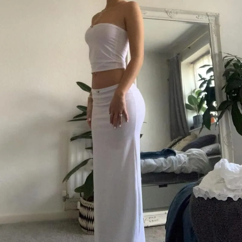 Women Sexy Two Piece Long Skirt Set Y2k Strapless Crop Tube Top Bodycon Maxi Skirt Suit Going Out Outfits Beach Wear