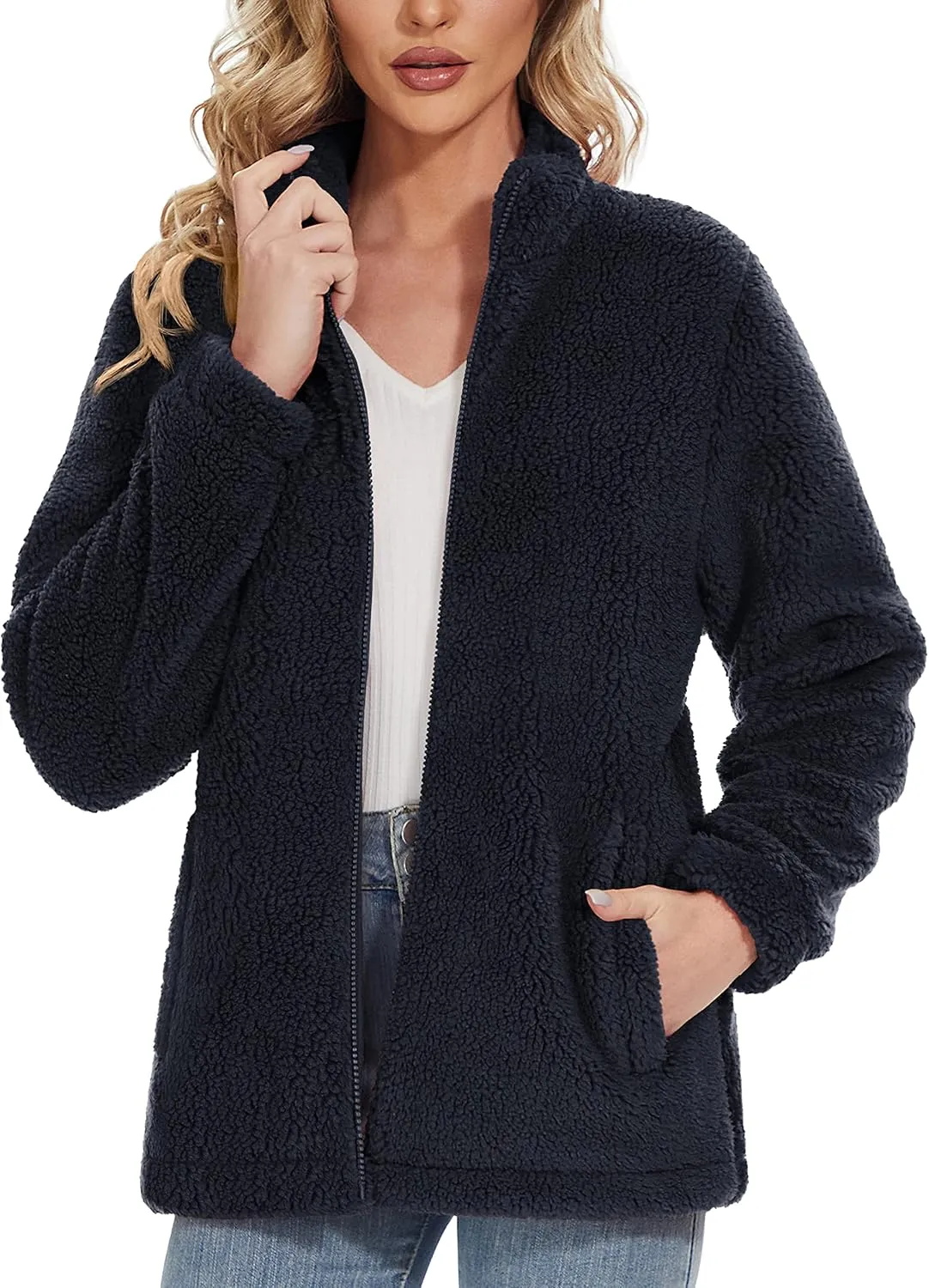 Women Sherpa Jacket Full Zip Fuzzy Teddy Coat with Pockets Fleece Lined Warm Winter Casual Outfits