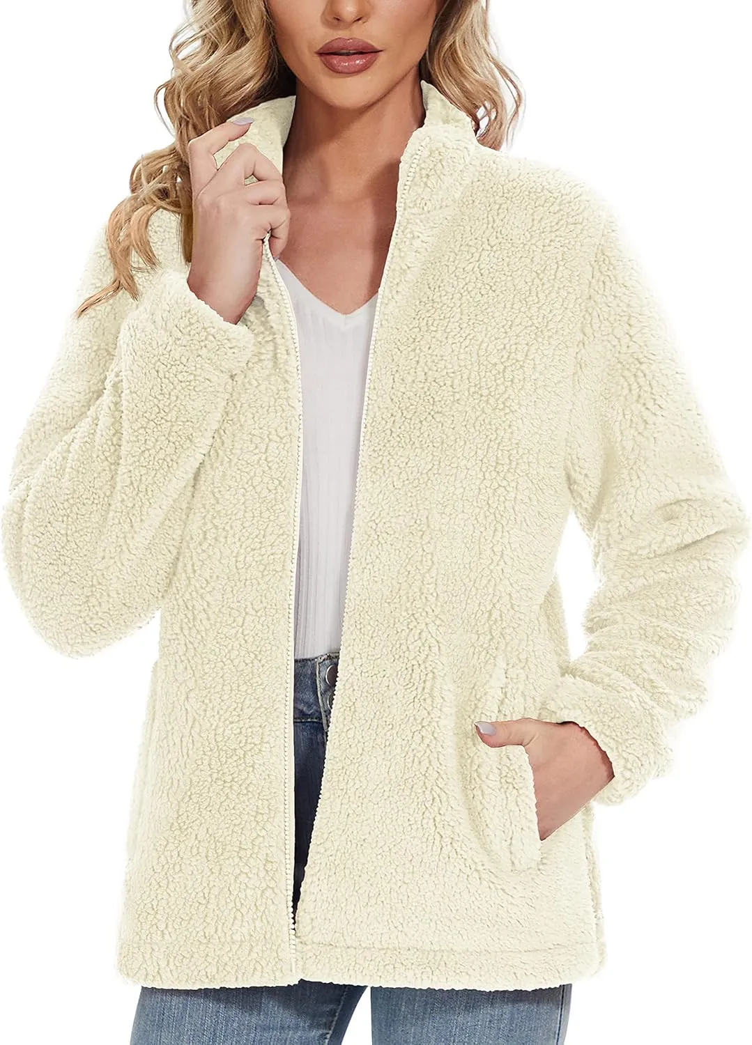 Women Sherpa Jacket Full Zip Fuzzy Teddy Coat with Pockets Fleece Lined Warm Winter Casual Outfits