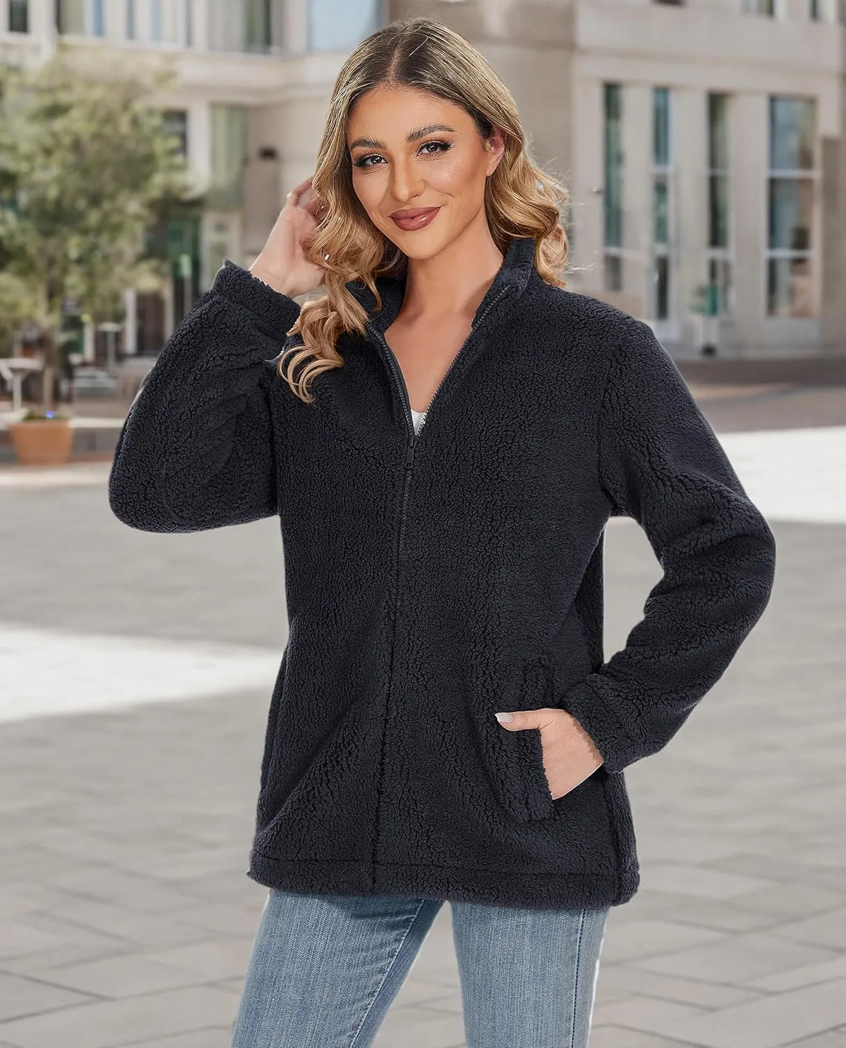 Women Sherpa Jacket Full Zip Fuzzy Teddy Coat with Pockets Fleece Lined Warm Winter Casual Outfits