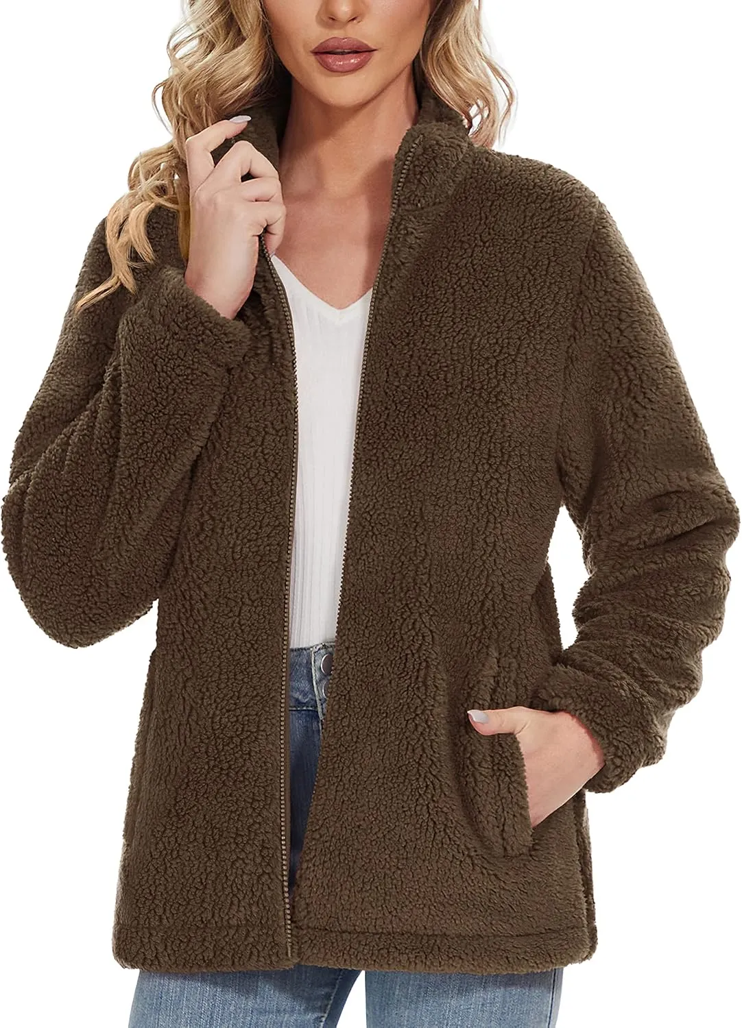Women Sherpa Jacket Full Zip Fuzzy Teddy Coat with Pockets Fleece Lined Warm Winter Casual Outfits