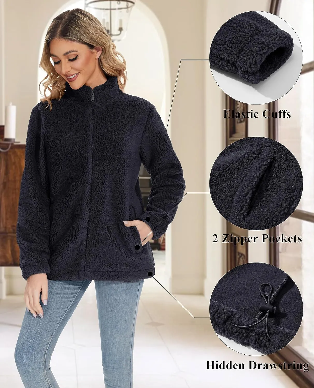 Women Sherpa Jacket Full Zip Fuzzy Teddy Coat with Pockets Fleece Lined Warm Winter Casual Outfits