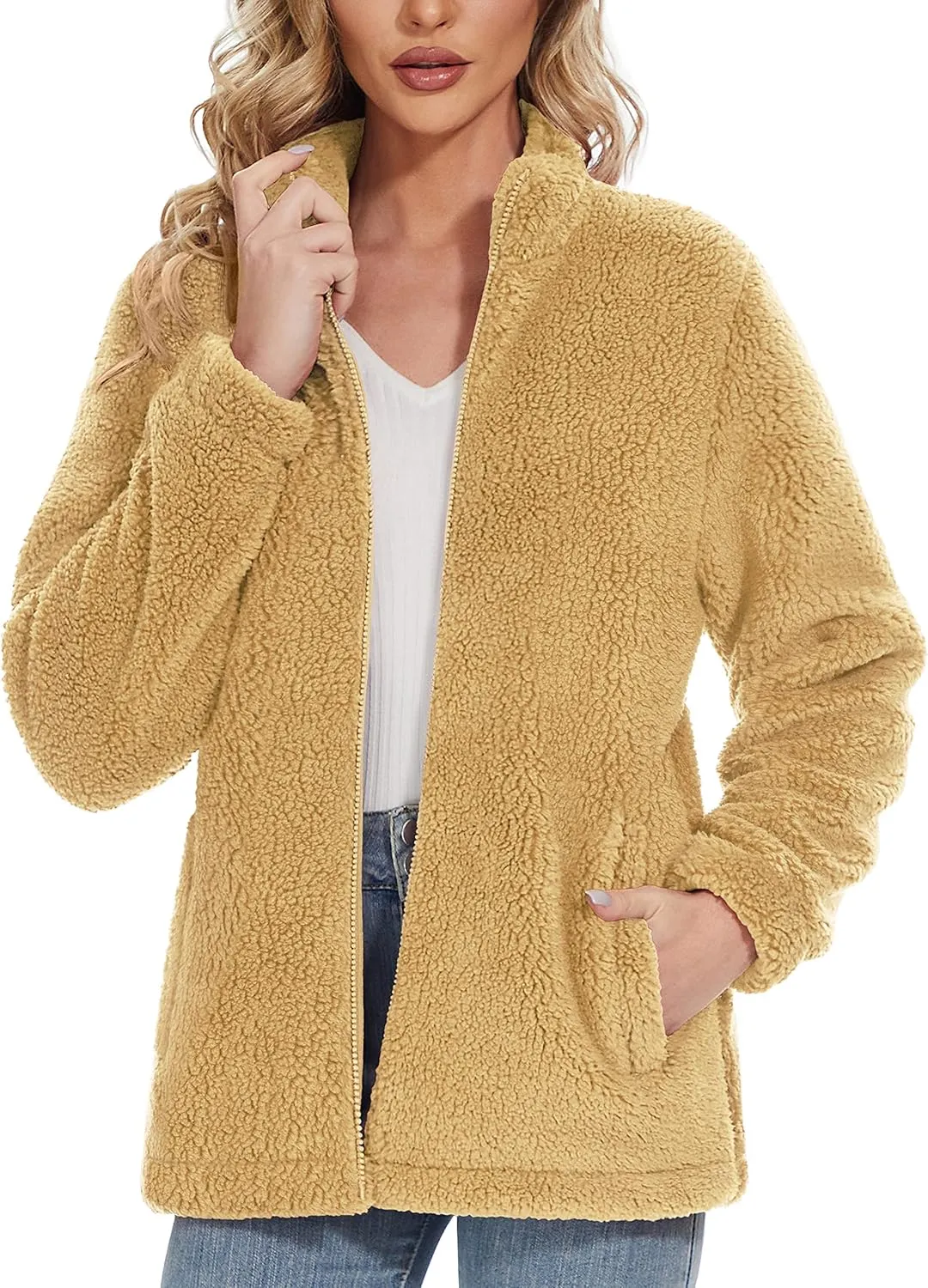 Women Sherpa Jacket Full Zip Fuzzy Teddy Coat with Pockets Fleece Lined Warm Winter Casual Outfits