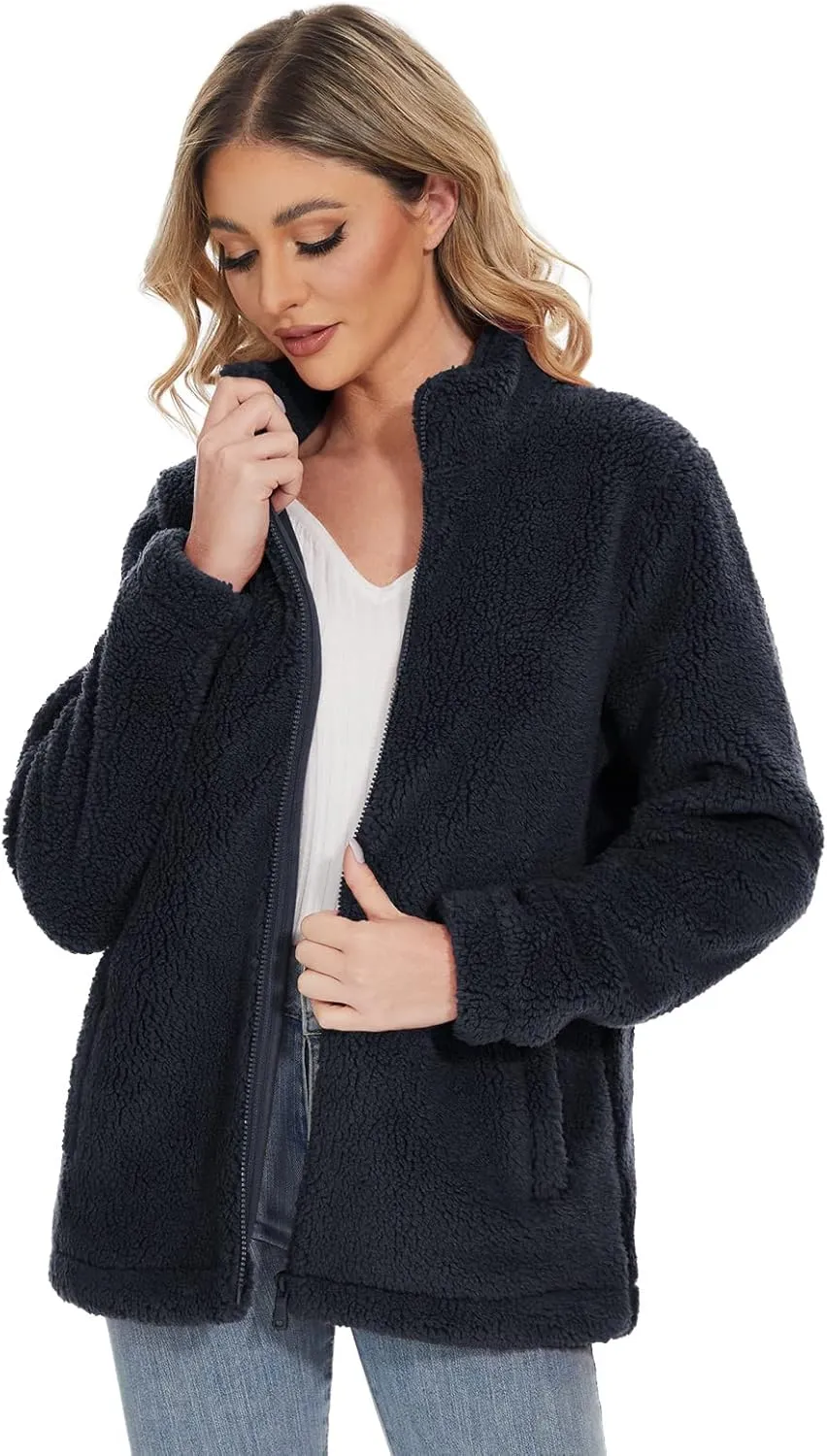 Women Sherpa Jacket Full Zip Fuzzy Teddy Coat with Pockets Fleece Lined Warm Winter Casual Outfits