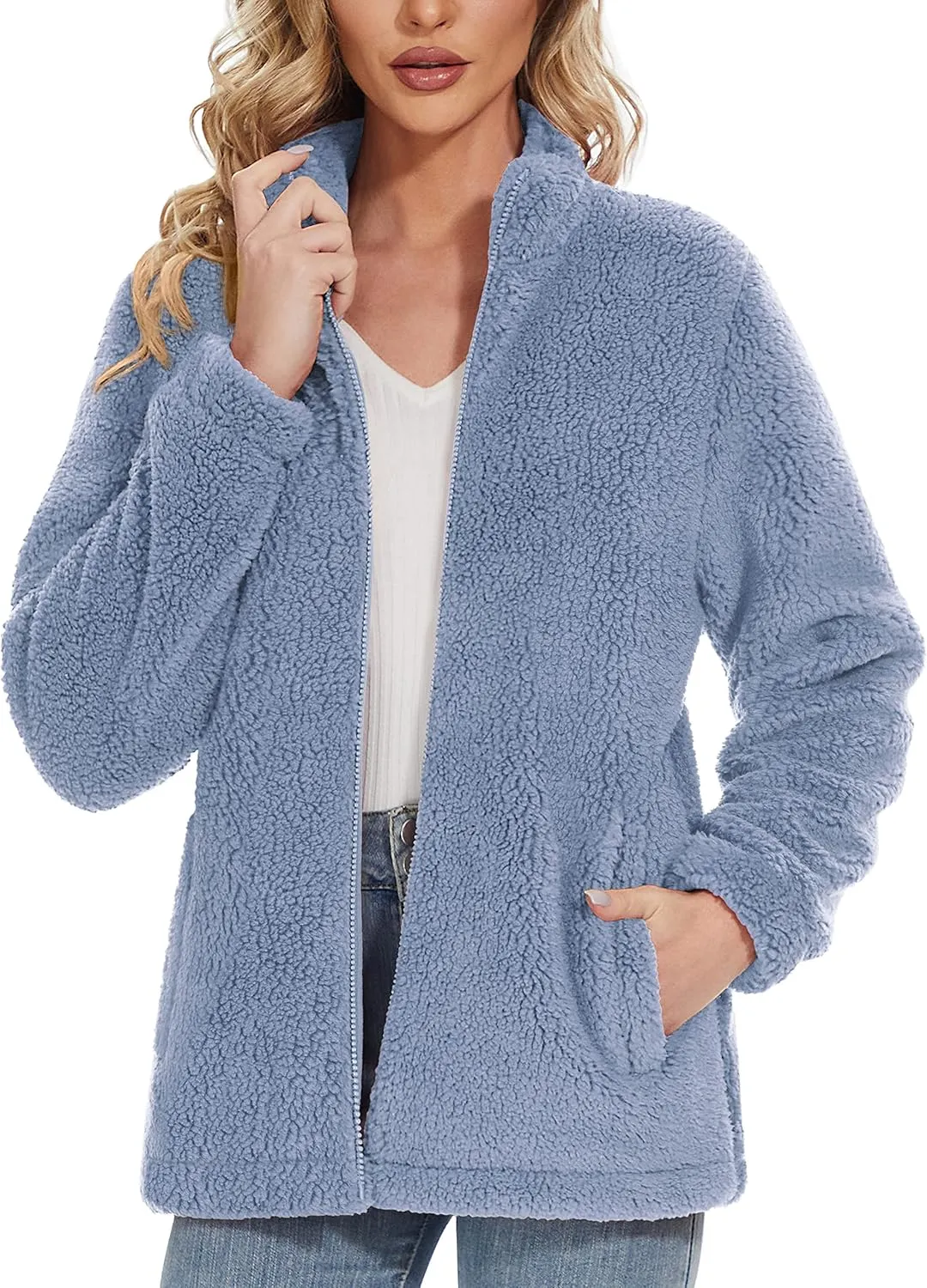Women Sherpa Jacket Full Zip Fuzzy Teddy Coat with Pockets Fleece Lined Warm Winter Casual Outfits