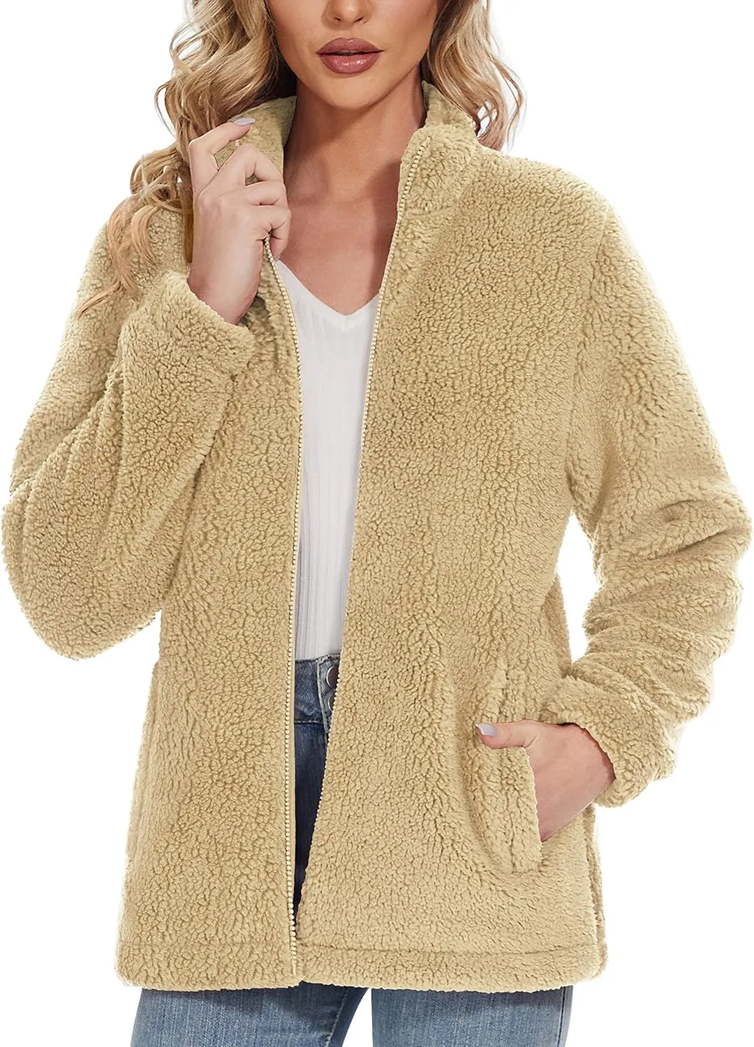 Women Sherpa Jacket Full Zip Fuzzy Teddy Coat with Pockets Fleece Lined Warm Winter Casual Outfits