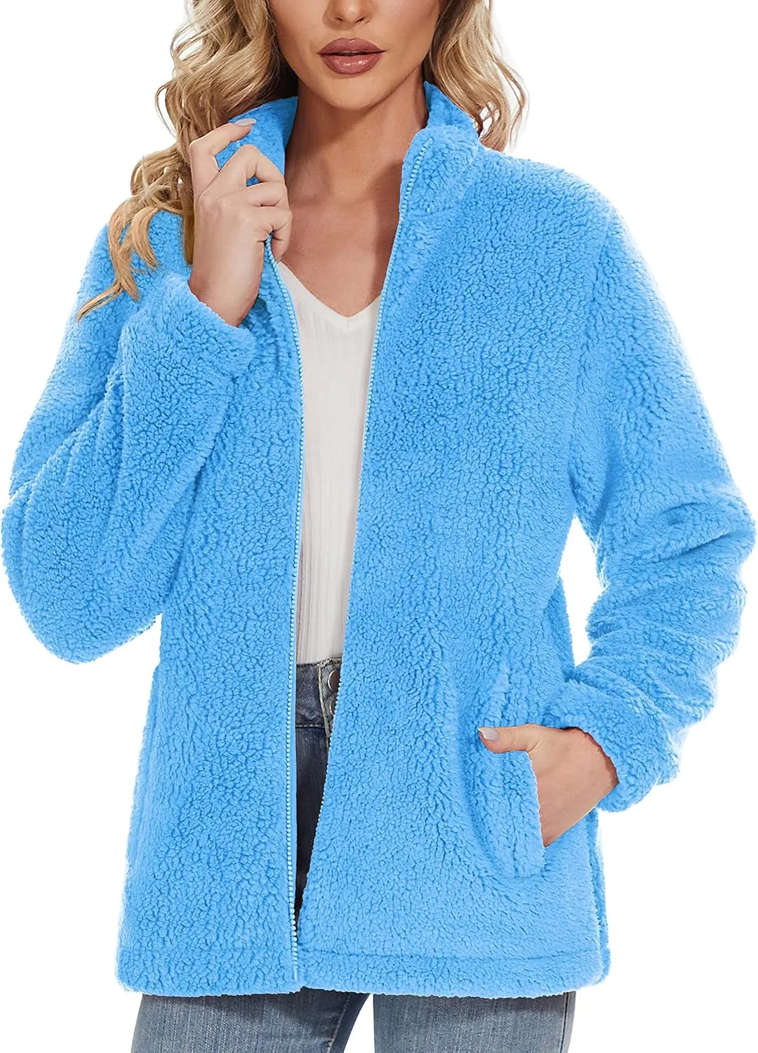 Women Sherpa Jacket Full Zip Fuzzy Teddy Coat with Pockets Fleece Lined Warm Winter Casual Outfits