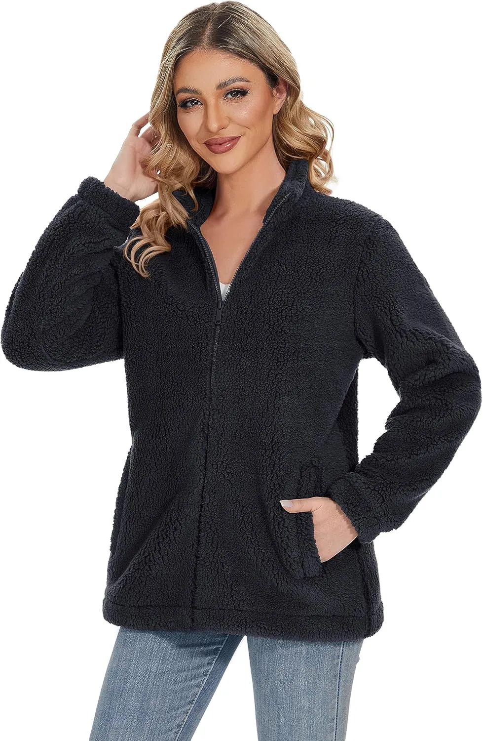 Women Sherpa Jacket Full Zip Fuzzy Teddy Coat with Pockets Fleece Lined Warm Winter Casual Outfits