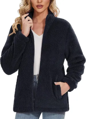 Women Sherpa Jacket Full Zip Fuzzy Teddy Coat with Pockets Fleece Lined Warm Winter Casual Outfits