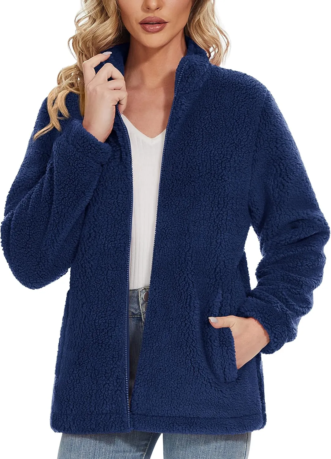 Women Sherpa Jacket Full Zip Fuzzy Teddy Coat with Pockets Fleece Lined Warm Winter Casual Outfits