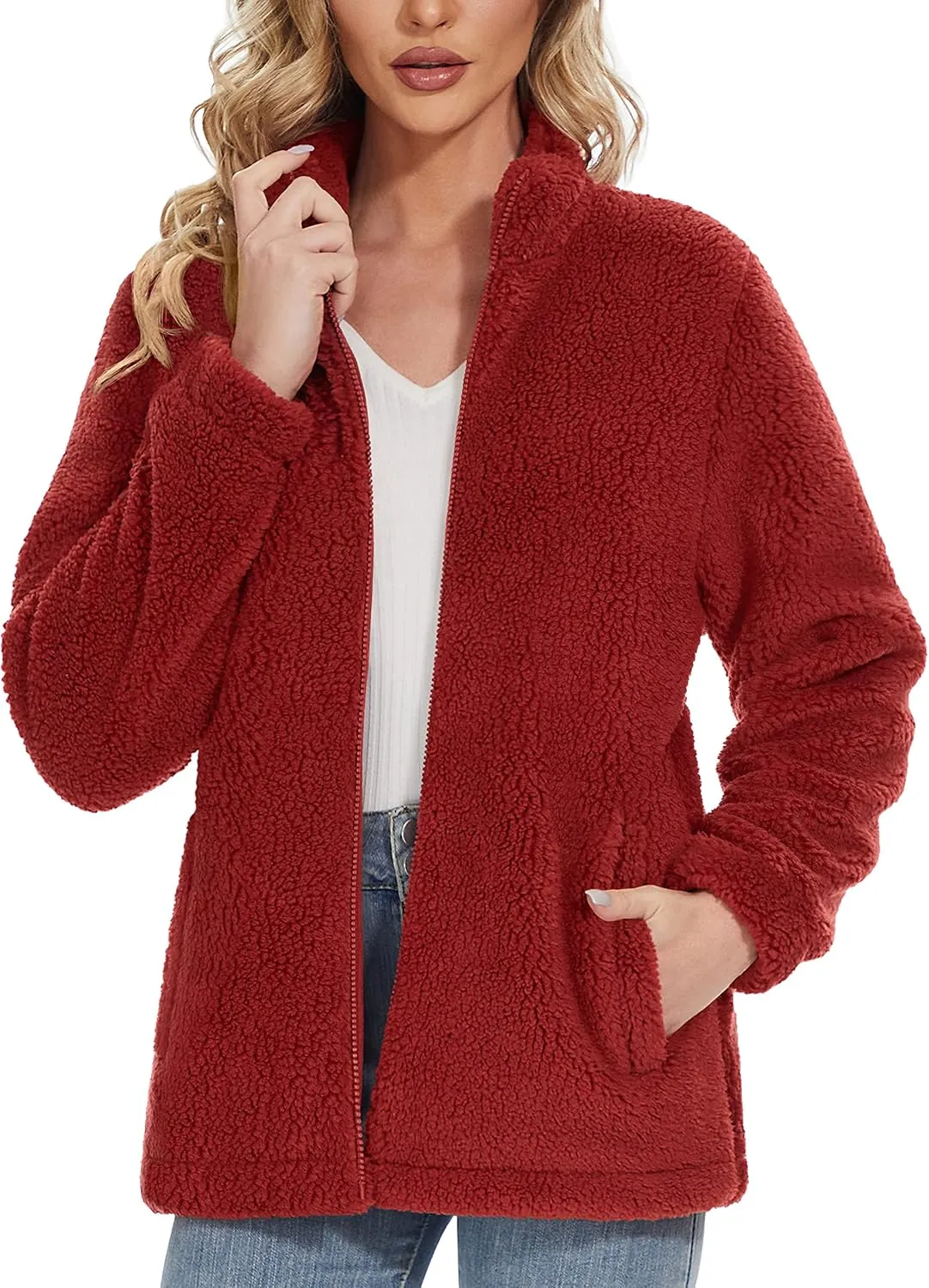 Women Sherpa Jacket Full Zip Fuzzy Teddy Coat with Pockets Fleece Lined Warm Winter Casual Outfits