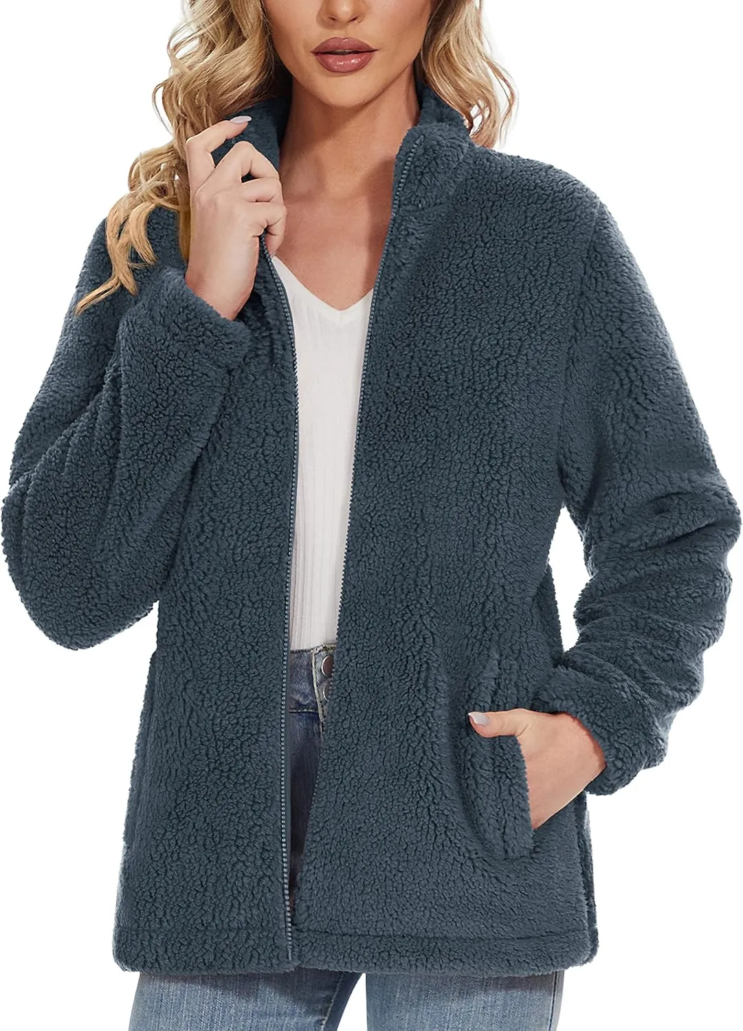 Women Sherpa Jacket Full Zip Fuzzy Teddy Coat with Pockets Fleece Lined Warm Winter Casual Outfits