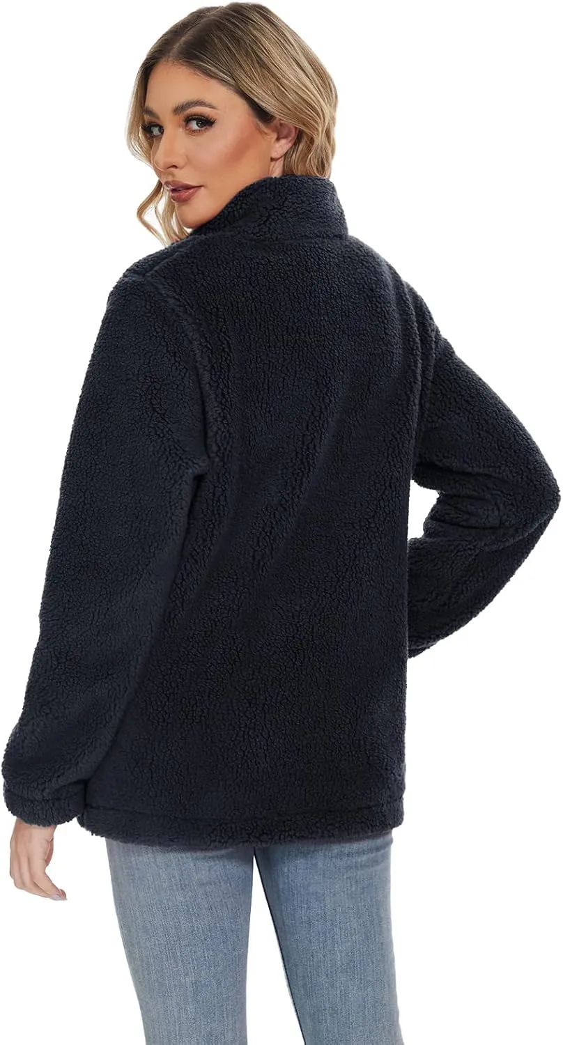 Women Sherpa Jacket Full Zip Fuzzy Teddy Coat with Pockets Fleece Lined Warm Winter Casual Outfits