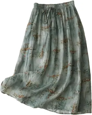 Women Summerflower Floral Loose Skirt Cotton Linen A-Line Skirts Midi Casual Skirts