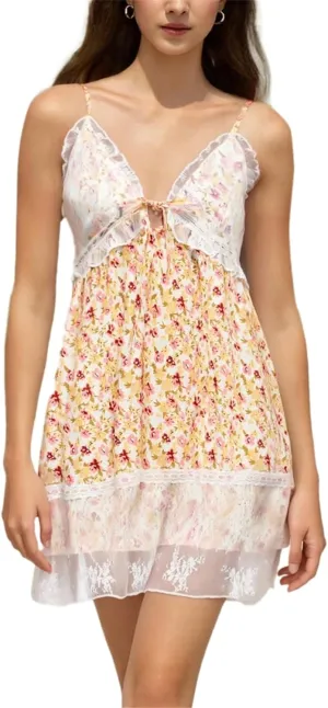Women Y2K Patchwork Babydoll Cami Dress Fairycore Spaghetti Strap Bow Tie Up Mini Dress Cute Ruffle Hem Flowy Outfit