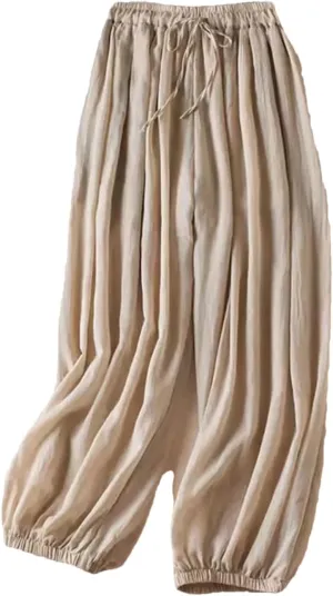 Womenpleated Elastic Hem Bloomers Pants Summer Light Weight Draped Harem Pants Casual Loose Wide Leg Trousers