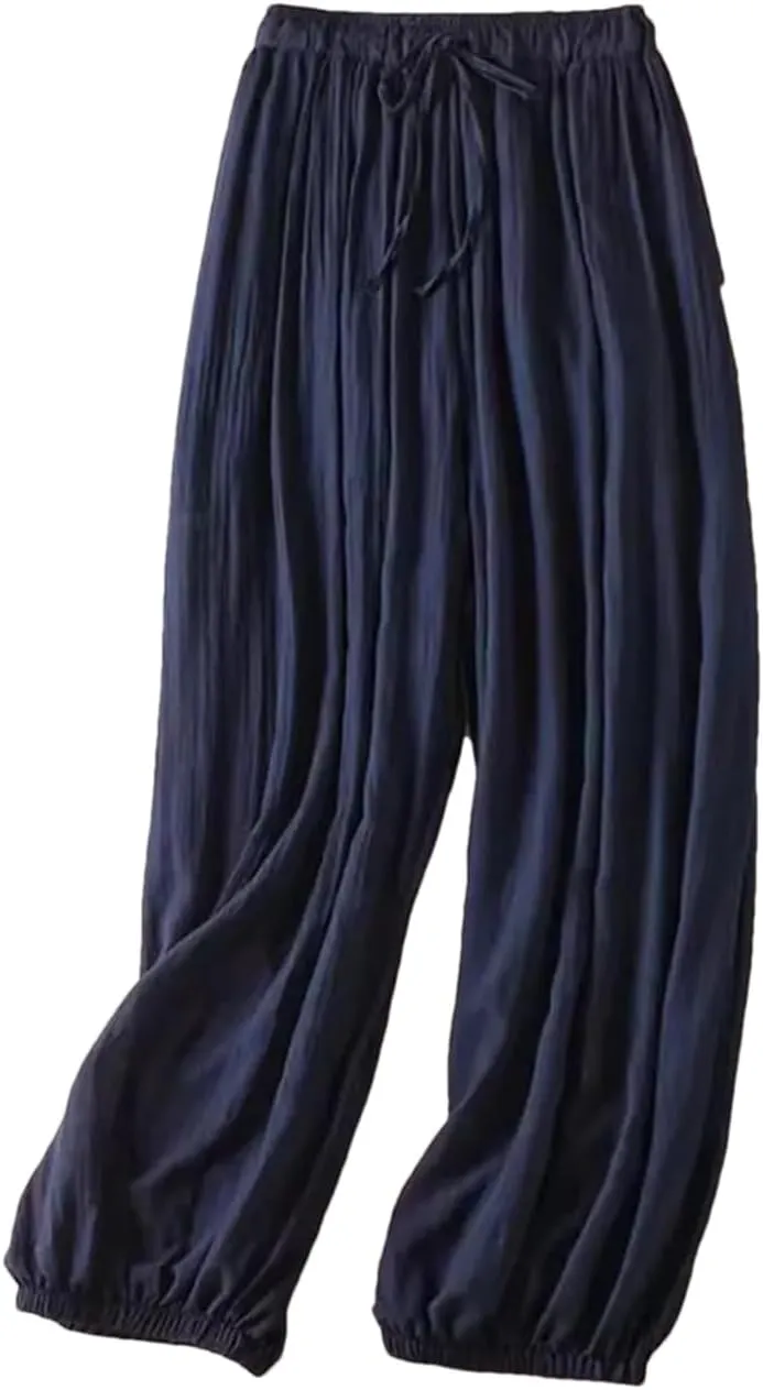 Womenpleated Elastic Hem Bloomers Pants Summer Light Weight Draped Harem Pants Casual Loose Wide Leg Trousers