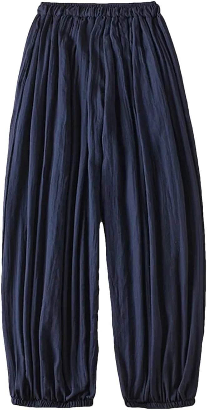 Womenpleated Elastic Hem Bloomers Pants Summer Light Weight Draped Harem Pants Casual Loose Wide Leg Trousers