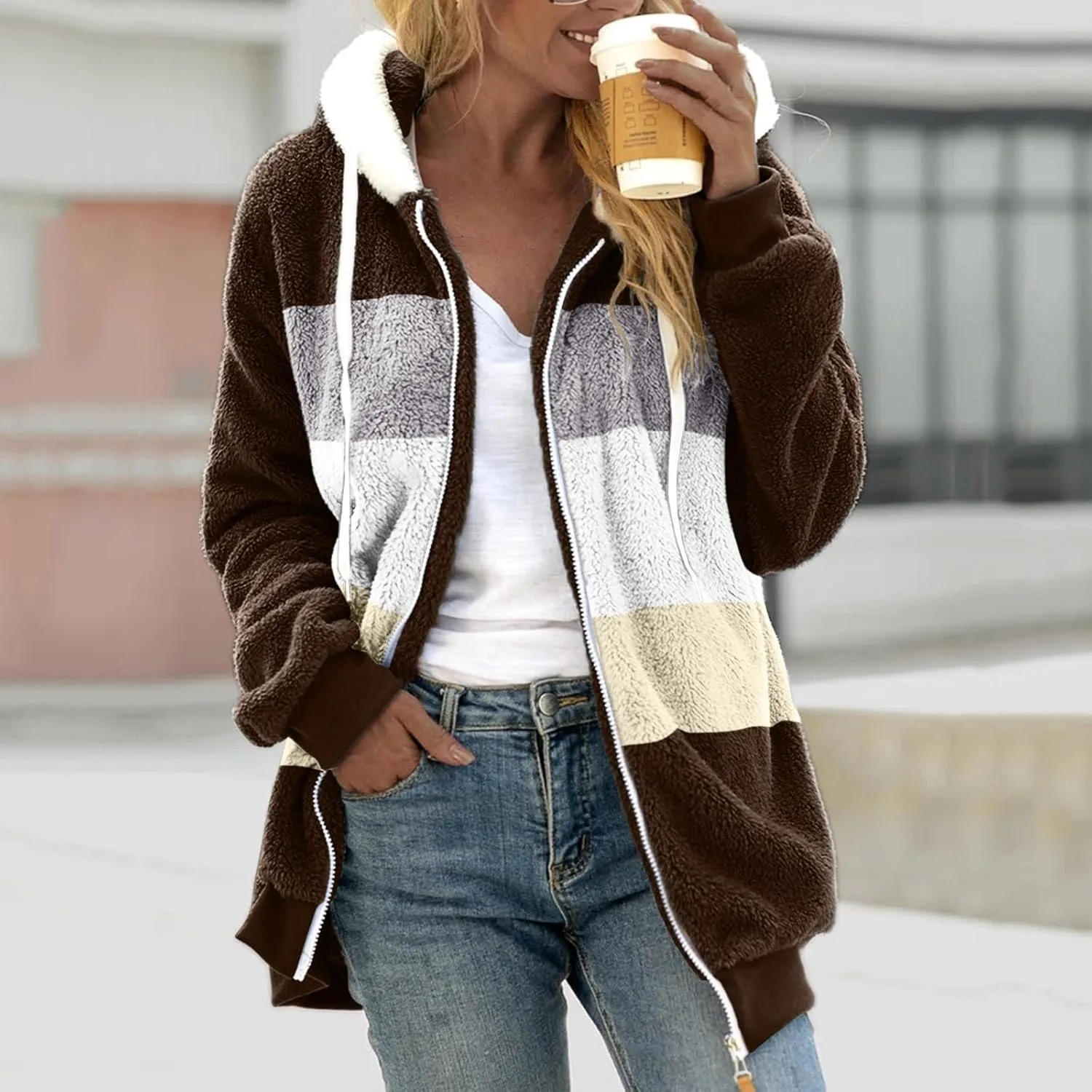 Womens 2023 Winter Fashion Plus Size Sharpa Jacket Fleece Warm Hoodie Outwear Plush Sweatshirt Thick Fuzzy Tops