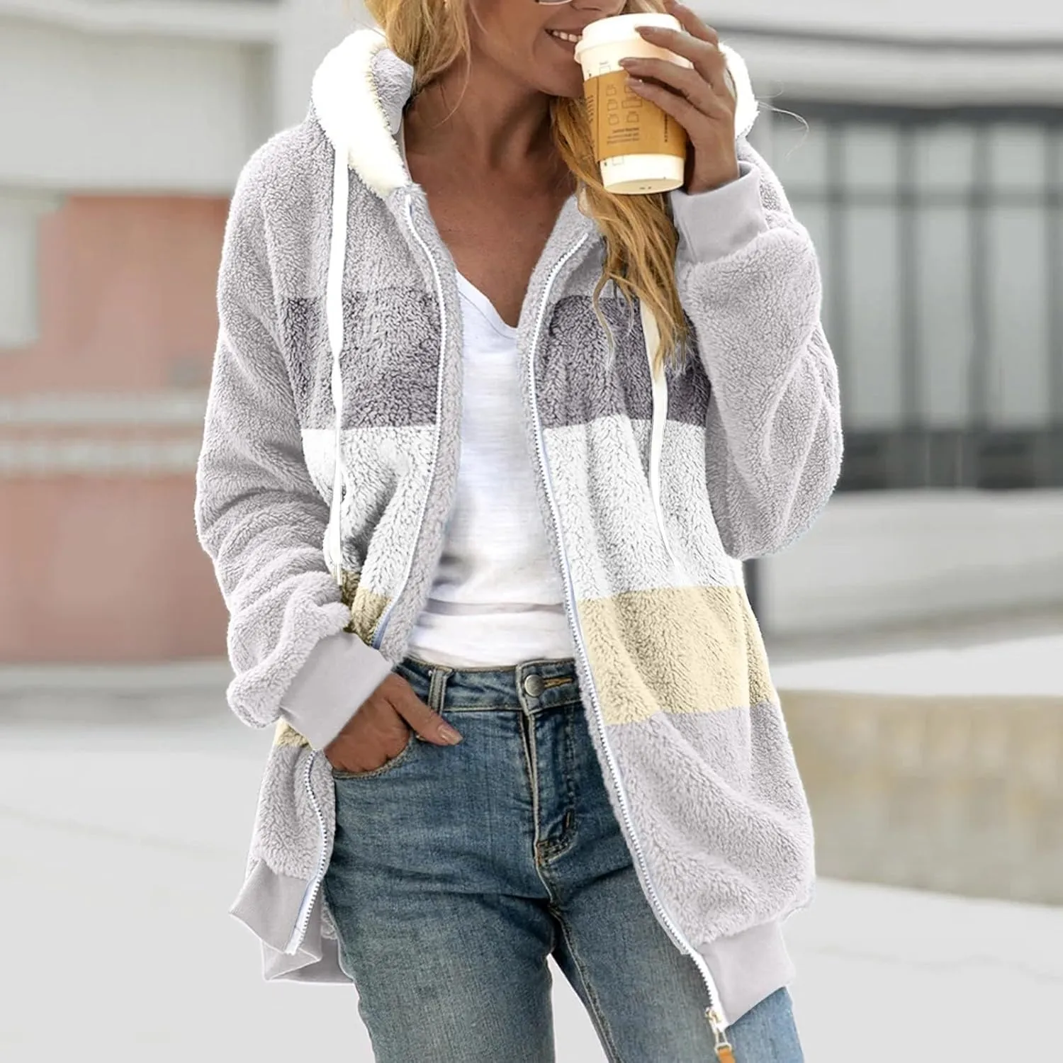 Womens 2023 Winter Fashion Plus Size Sharpa Jacket Fleece Warm Hoodie Outwear Plush Sweatshirt Thick Fuzzy Tops
