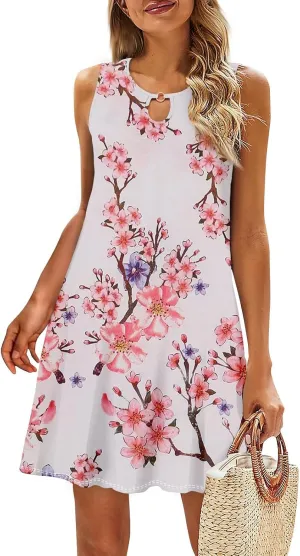 Women's 2024 Summer Floral Mini Dress Sleeveless Ruffle Boho Beach Vacation Short Tank Sundresses