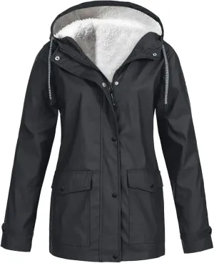 Womens 2024 Winter Fall Warm Raincoat Fashion Windbreaker Dressy Zip Rain Jacket with Pockets Waterproof with Hood